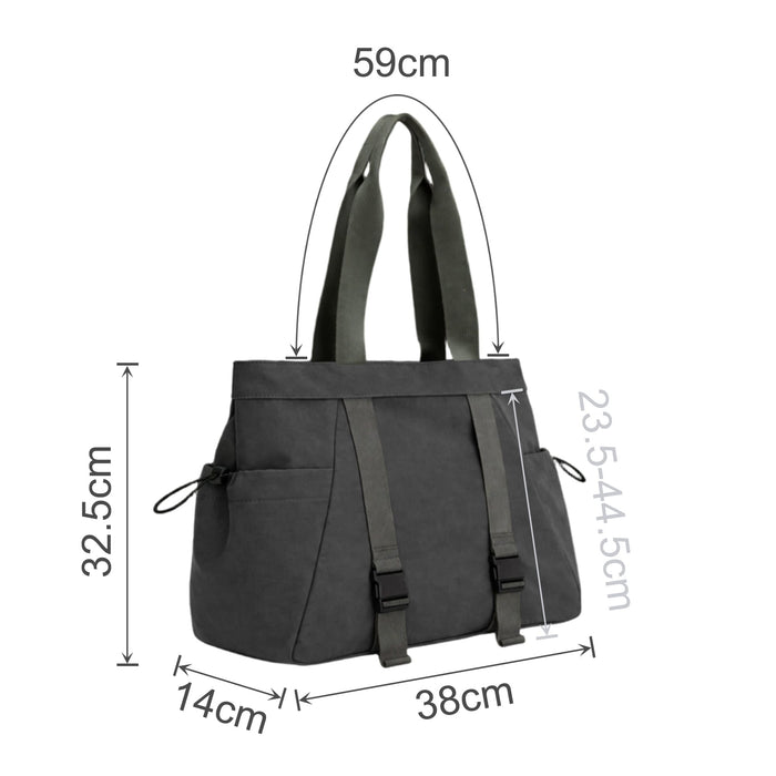 Lightweight Tote Bag With Yoga Mat Straps - A lightweight tote bag in dark grey with adjustable yoga mat straps and multiple pockets. It has a logo on the front.