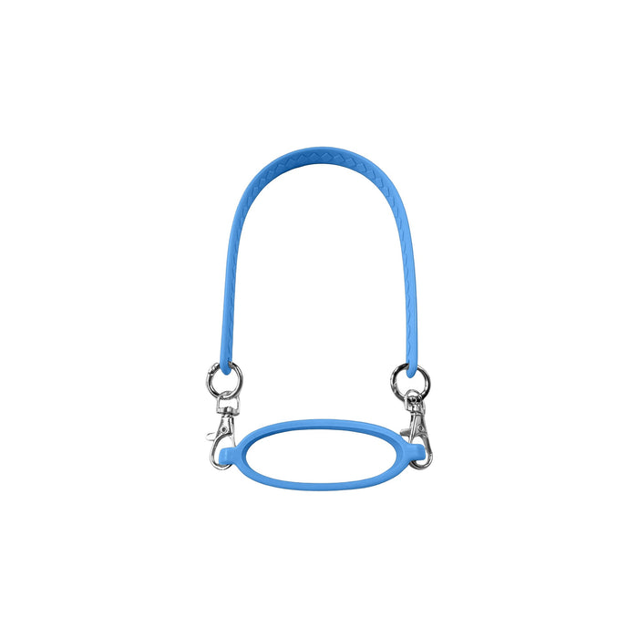 Silicone Cup Carry Strap - A drink bottle carry strap in blue silicone, featuring two metal clips for attachment.