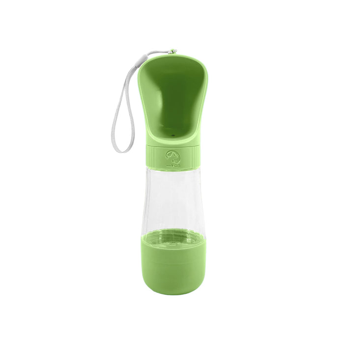 Pet Water Bottle with Food Container - A drink bottle and food container in green, featuring a top compartment for water and a lower section for food, with a strap.