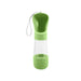 Pet Water Bottle with Food Container - A drink bottle and food container in green, featuring a top compartment for water and a lower section for food, with a strap.