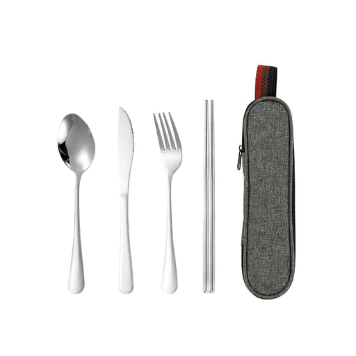 Travel Cutlery Set 4pcs - A travel cutlery set in silver, featuring a spoon, knife, fork, and chopsticks, housed in a grey case with a logo.