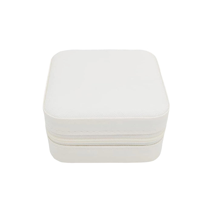 PU Leather Jewellery Box - A white PU leather jewellery box with a squared shape and zipper closure. It features a subtle texture and a logo.