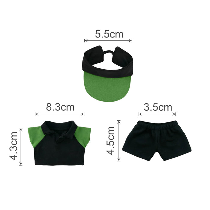 Plush Doll Racing Suit Set (15–17cm Doll) - A plush doll racing suit set featuring a black and green shirt, shorts, and a matching cap.