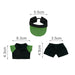 Plush Doll Racing Suit Set (15–17cm Doll) - A plush doll racing suit set featuring a black and green shirt, shorts, and a matching cap.