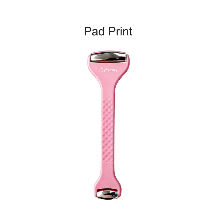 Ice Massager Roller Double Head - A double-headed ice massager roller in pink with a textured handle and a silver accent. It features a logo.