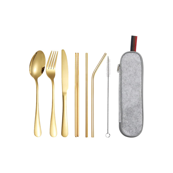 Stainless Steel Flatware Set 7pcs - A stainless steel flatware set in gold, featuring a spoon, fork, knife, straws, and a storage case.