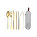 Stainless Steel Flatware Set 7pcs - A stainless steel flatware set in gold, featuring a spoon, fork, knife, straws, and a storage case.
