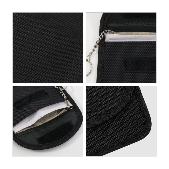 Faraday RFID Blocking Key Pouch - A black RFID blocking key pouch featuring a textured surface, zipper compartment, and a keychain attachment.