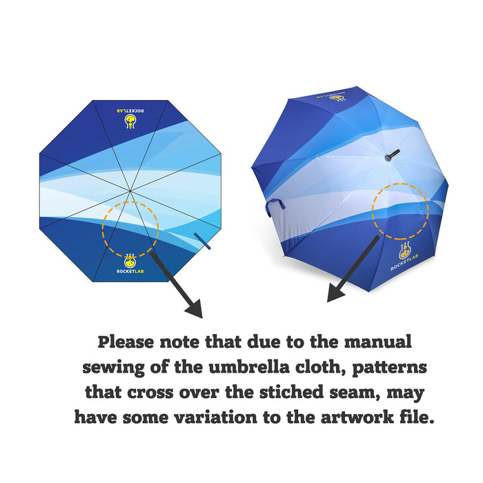 21'' Anti-rebound Folding Umbrella - An anti-rebound folding umbrella in shades of blue with a logo, featuring a unique patterned design on its canopy.