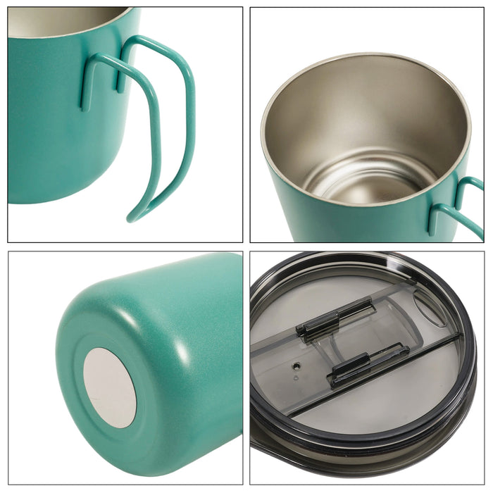 350ML Camping Stainless Steel Insulated Mug - A camping stainless steel insulated mug in teal, featuring a handle and a clear lid with a sealing mechanism.