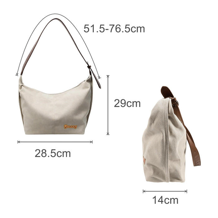 Dumpling Canvas Tote Bag - A beige canvas tote bag with a brown strap, featuring a logo, measuring 51.5–76.5 cm in length and 29 cm in height.
