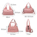 Duffle Bag With Yoga Mat Strap - A pink duffle bag with a yoga mat strap, featuring adjustable shoulder straps and various dimensions. It has a logo.