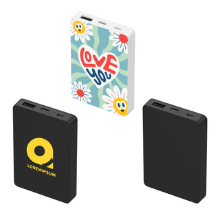 5000mah Square Power Bank - A square power bank in white with a floral design and two black power banks, featuring a logo.