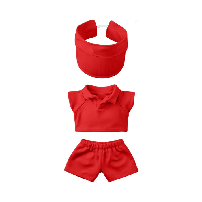 Plush Doll Racing Suit Set (15–17cm Doll) - A red visor, polo shirt, and shorts set for 15–17cm plush dolls. The set features a simple, sporty design.
