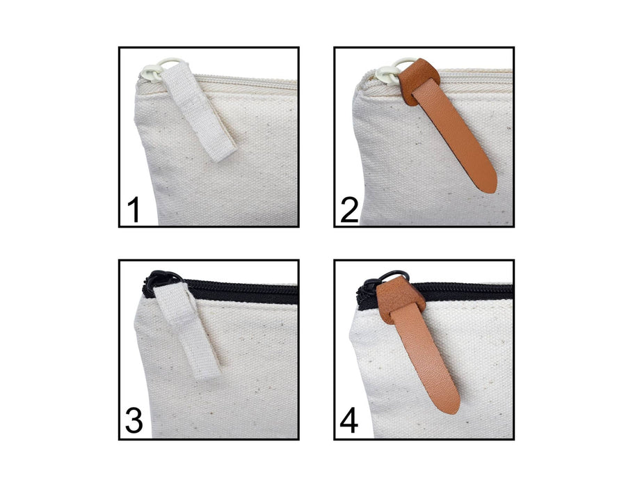 Calico Travel Set - A cream-coloured toiletry pouch featuring a zip closure and leather accents, showcasing different zipper pull styles.