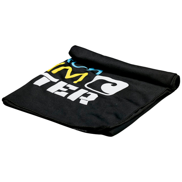 Cooling Towel - A black cooling towel featuring a folded design with various coloured text and a logo.