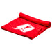 Cooling Towel - A red cooling towel, rolled and laid flat, featuring a logo. Ideal for leisure and outdoor activities.