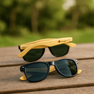 Sunglasses Bamboo (Uncoated) - Sunglasses featuring a black frame with green lenses and yellow bamboo arms, displayed on a wooden surface.