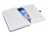 Designa Symphony A5 Notebook - A soft-touch A5 notebook with a black cover, featuring a red ribbon marker and an open page displaying a blue flyer inside.