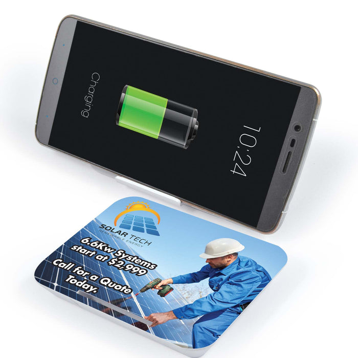 Proton Wireless Charger - A wireless charger with a sleek design and a smartphone on top displaying a battery charging icon.
