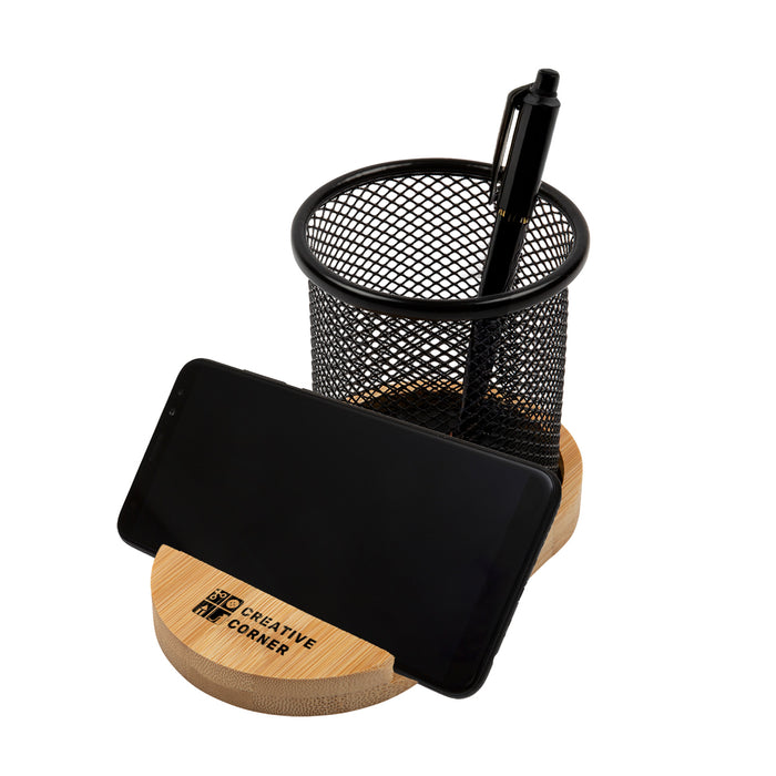 Bamboo Pen Tidy Phone Stand - Custom Promotional Product
