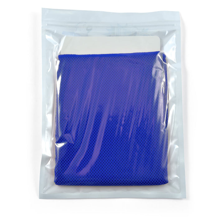 The Game Day Pack - A blue cooling towel packaged in a transparent pouch, featuring a logo on the pouch.