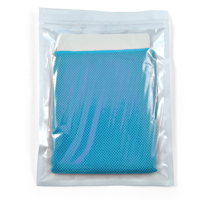 The Game Day Pack - A blue cooling towel packaged in a clear pouch, featuring a logo on the front.