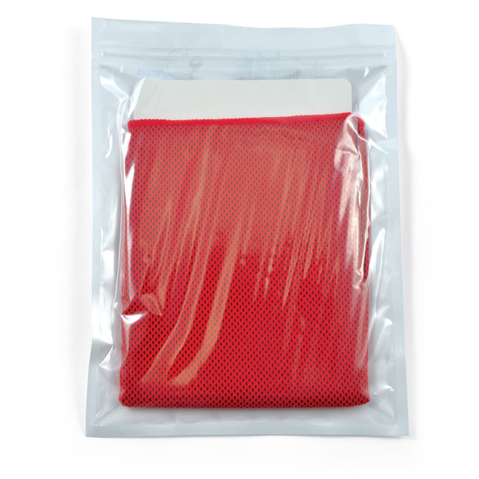 The Game Day Pack - A red cooling towel packed in a clear, sealed pouch with a logo on the front.