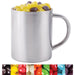 Corporate Colour Mini Jelly Beans in Java Mug - A silver mug filled with assorted jelly beans in vibrant colors, including yellow and purple.
