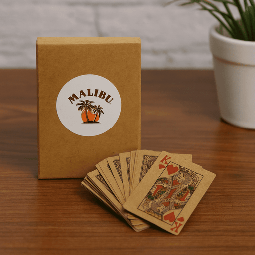 Eco Playing Cards - A set of eco-friendly playing cards in a brown box with a logo, featuring intricate designs in earthy tones.