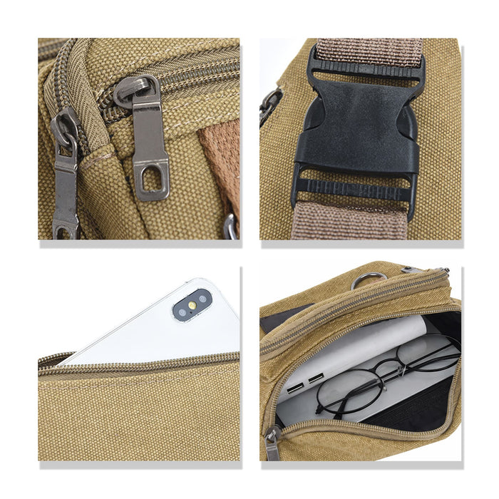 Canvas Waist Bag - A tan canvas waist bag featuring zippers, a buckle, and compartments for a phone and glasses. It has a logo.