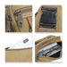 Canvas Waist Bag - A tan canvas waist bag featuring zippers, a buckle, and compartments for a phone and glasses. It has a logo.