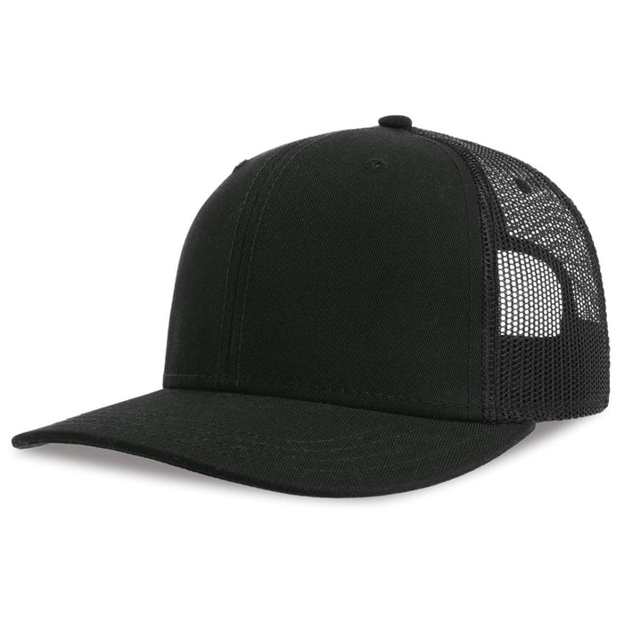 Sonic-S Organic/Recycled Trucker - A black trucker cap with a solid front and mesh back, featuring a logo on the side.