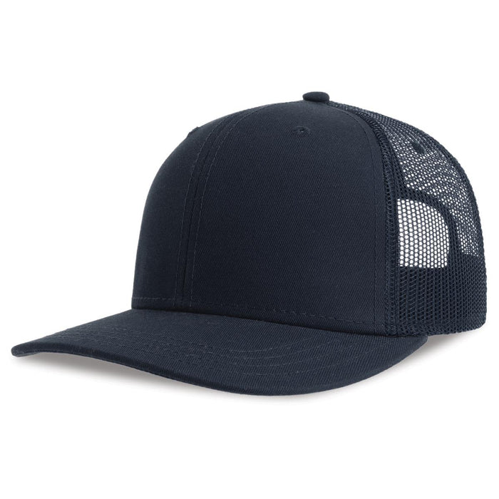 Sonic-S Organic/Recycled Trucker - A navy trucker cap with a solid front and breathable mesh back, featuring a logo on the side.