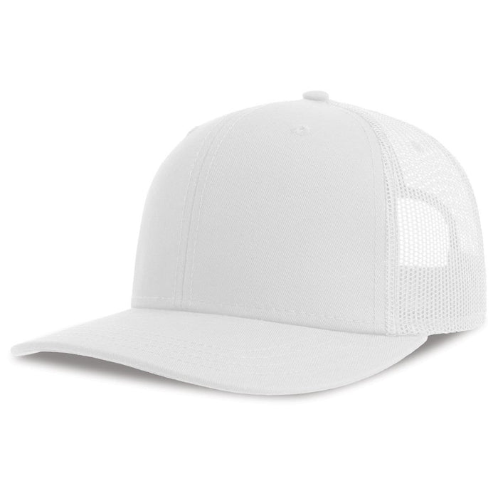Sonic-S Organic/Recycled Trucker - A white trucker cap featuring a solid front and mesh back, with a logo on the front.