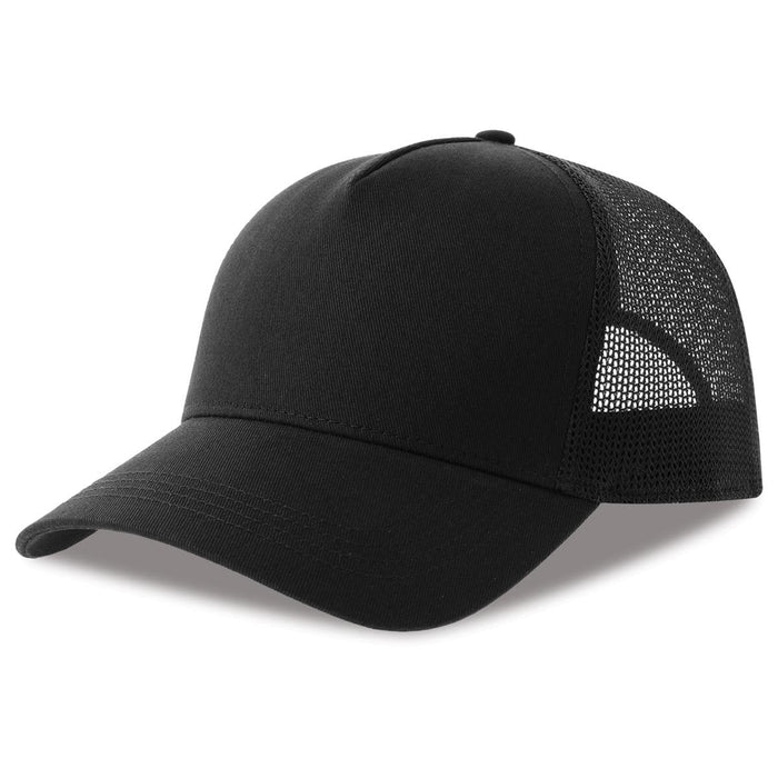 Rapper Cotton-S Organic/Recycled - A black trucker cap with a solid front and mesh paneling on the sides, featuring a logo.