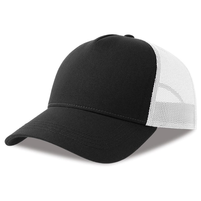 Rapper Cotton-S Organic/Recycled - A black trucker cap with a white mesh back and a curved brim, featuring a logo on the front.