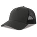 Rapper Cotton-S Organic/Recycled - A trucker cap in black with a mesh back, featuring a solid front and a curved brim. It includes a logo.