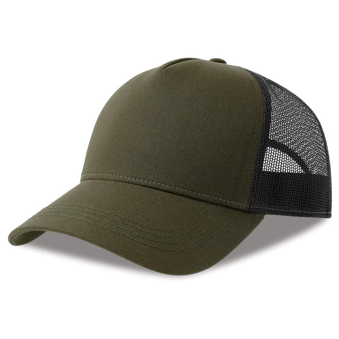 Rapper Cotton-S Organic/Recycled - A trucker cap in olive green with a black mesh back and a solid front panel. Features a logo on the front.