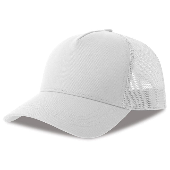 Rapper Cotton-S Organic/Recycled - A white trucker cap featuring a solid front panel and mesh sides, with a slight curve in the brim.