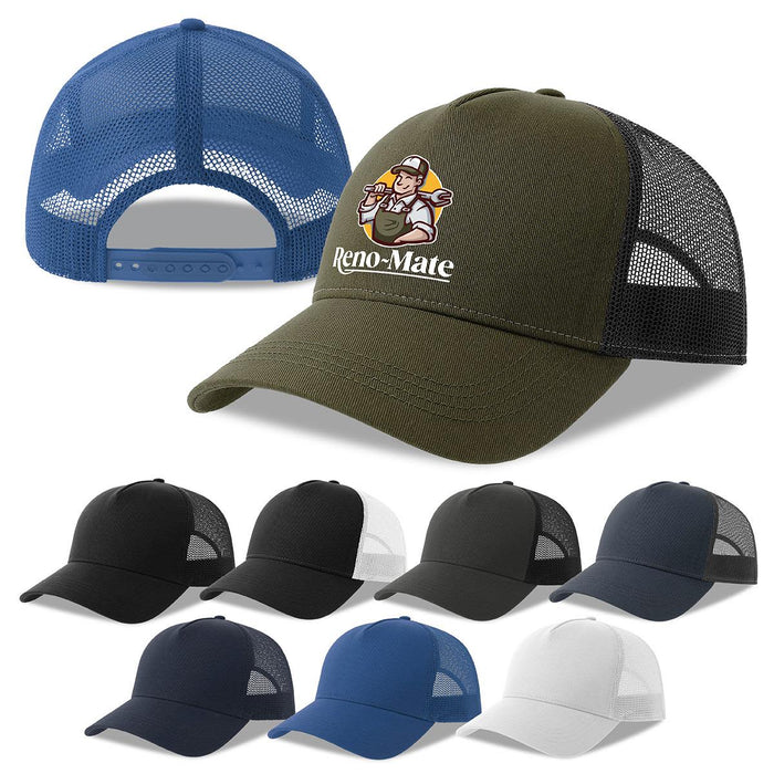 Rapper Cotton-S Organic/Recycled - A green trucker cap with a logo, featuring a mesh back and available in various colours including black, white, and navy.