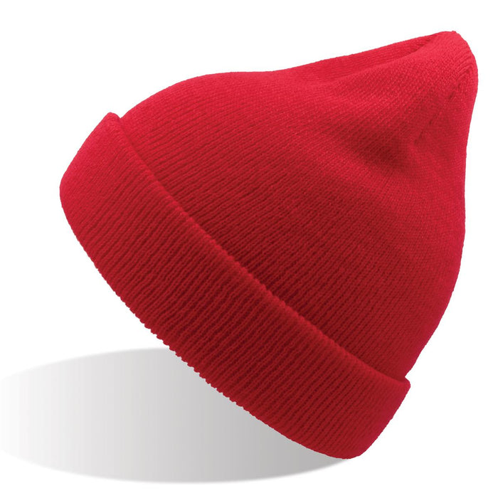 Kid Wind-S Beanie - Recycled Polyester - A red beanie made from recycled polyester, featuring a ribbed cuff and a pointed top.