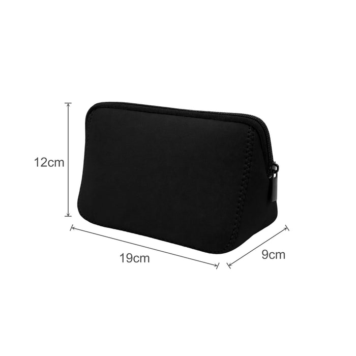 Neoprene Cosmetic Bag - A black neoprene cosmetic bag with a zip closure, featuring a simple design and dimensions of 19cm x 12cm x 9cm.