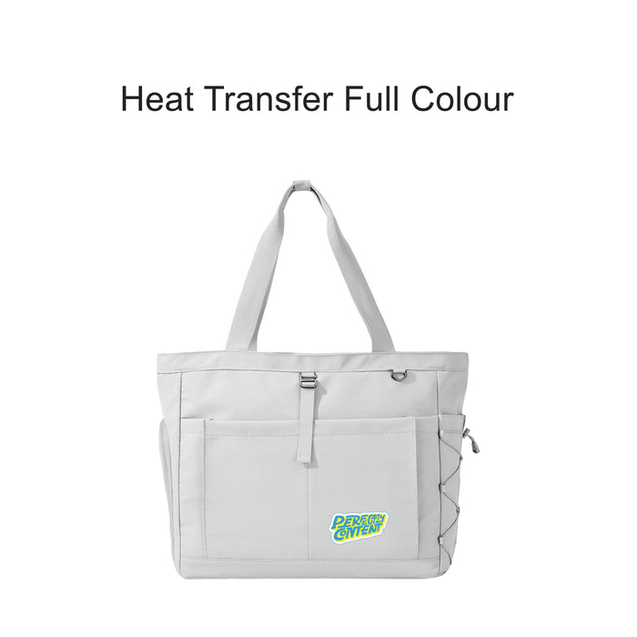 Lightweight Tennis Tote Bag - A lightweight tote bag in grey with a front pocket and a logo, featuring sturdy handles and adjustable side straps.