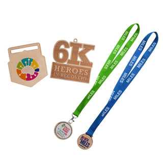 Custom Shaped Wooden Medal with Bamboo Lanyard - Custom shaped wooden medals in natural wood and colourful lanyards, featuring a logo and various designs.