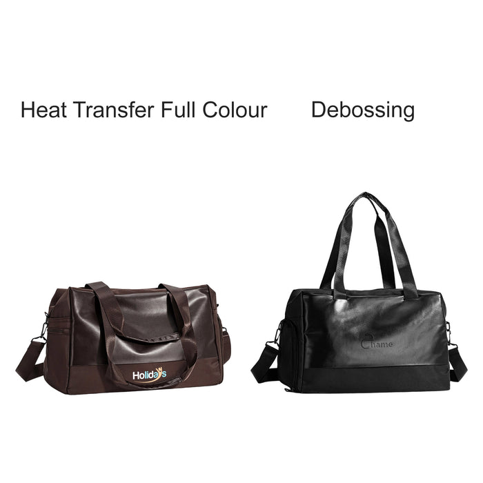 Carry-on Duffle Bag - A brown and a black duffle bag, both featuring branding, with adjustable straps and handles.