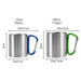 170ML/280ML Stainless Steel Insulated Travel Mug with Carabiner Handle - A stainless steel insulated travel mug in silver, featuring a blue carabiner handle, alongside a green-handled version.