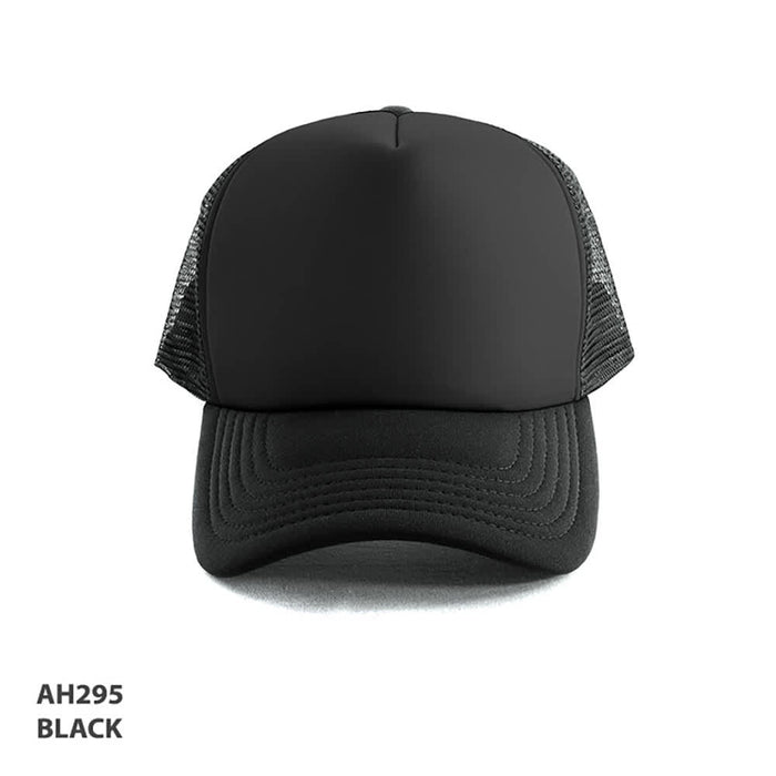 Polymesh Trucker Cap - A black Polymesh Trucker Cap with a solid front and mesh back, featuring a logo.