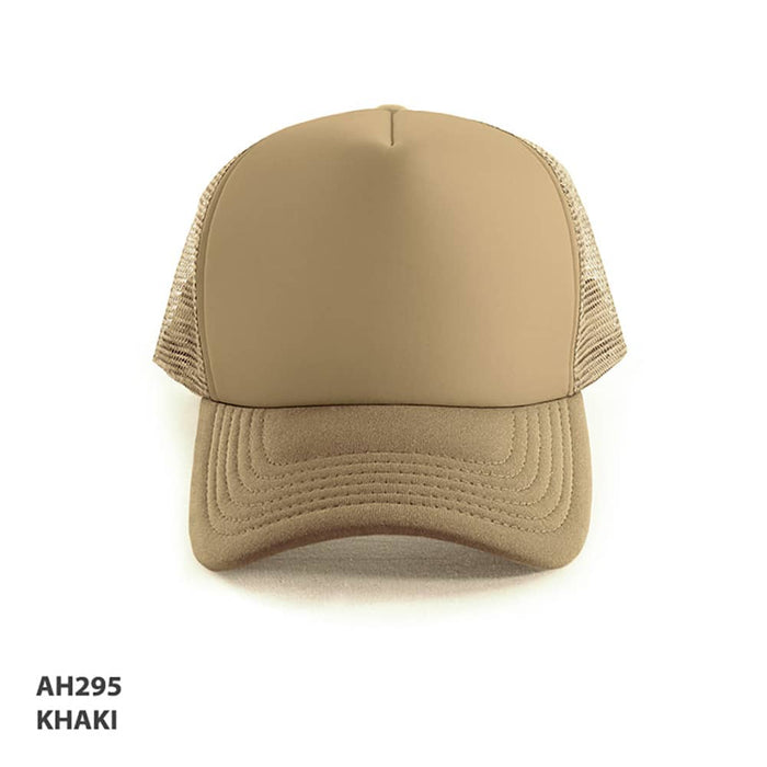 Polymesh Trucker Cap - A khaki Polymesh Trucker Cap with a solid front and mesh sides, featuring a branding logo.