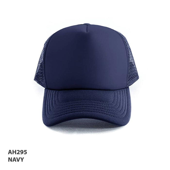 Polymesh Trucker Cap - A navy Polymesh Trucker Cap with a solid front and mesh back, featuring a logo on the front.